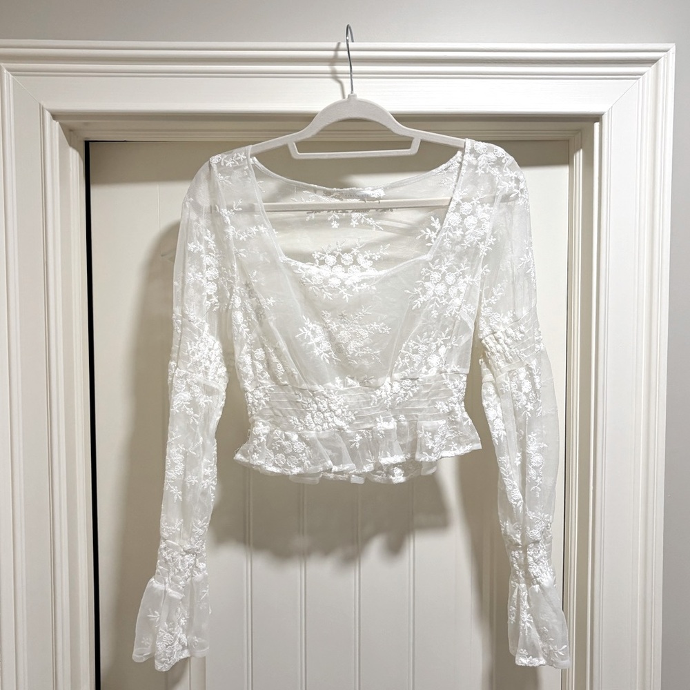LACE sheer blouse with flare sleeves